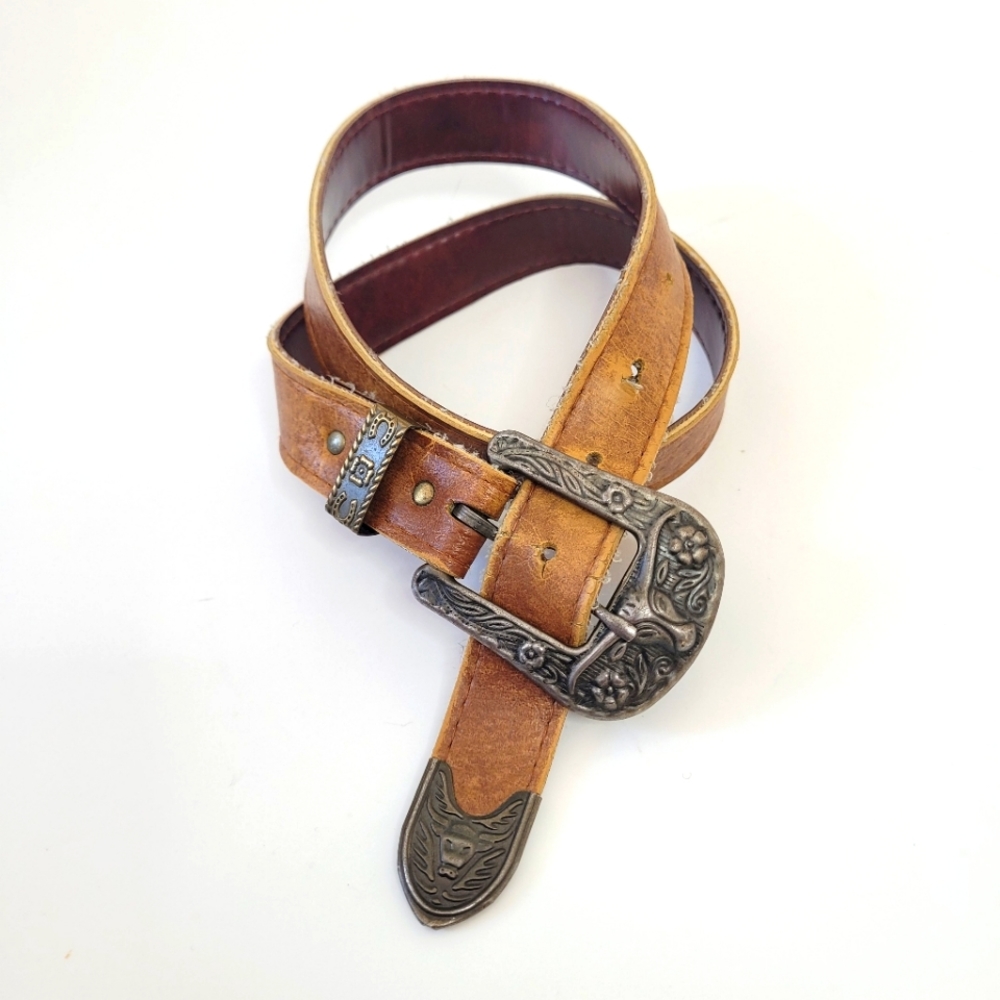 Vintage brown western belt with longhorn bull head on buckle
